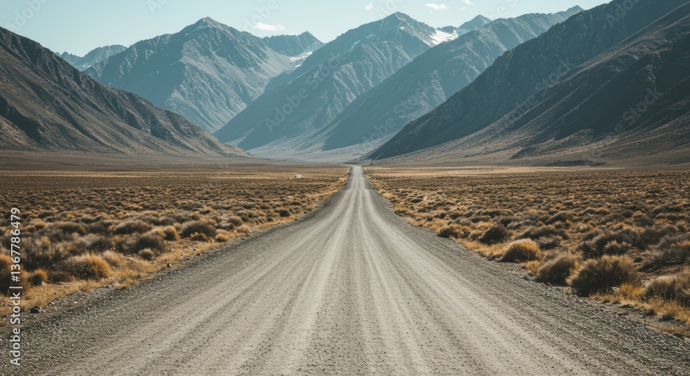 Naklejka premium Remote desert road leading into majestic mountain range