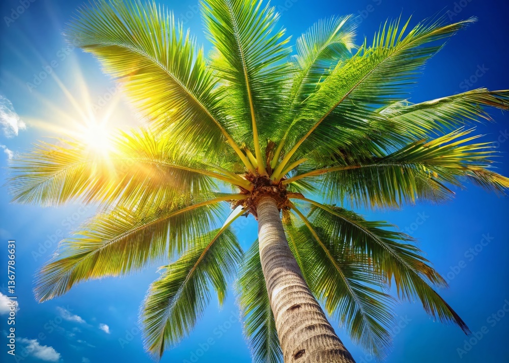 Fototapeta premium Majestic Palm Tree Against Vibrant Blue Sky - Stock Photo