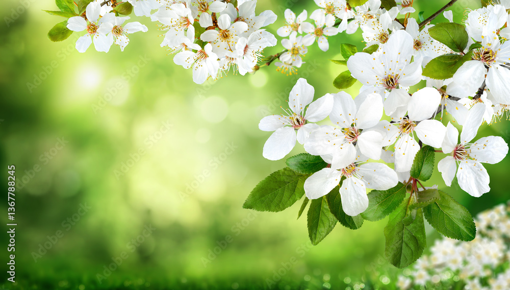 Obraz premium White blossoms on green blurred nature background. Spring branches with beautiful bokeh and bright copy-space.