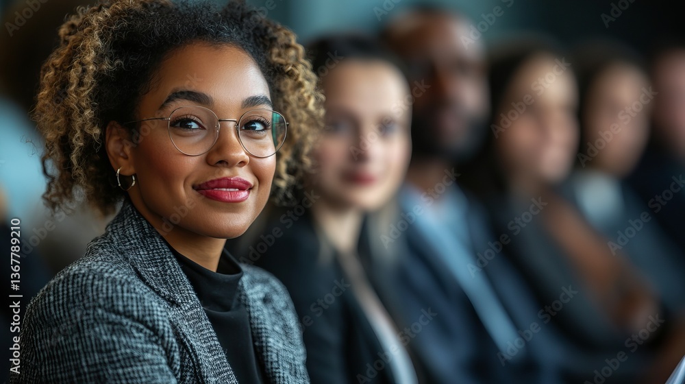 Obraz premium Portrait of confident african american business woman at conference meeting or corporate event seminar