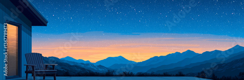 Wallpaper Mural serene mountain landscape at dusk, featuring cozy chair on patio, with starry sky and vibrant sunset colors illuminating horizon Torontodigital.ca