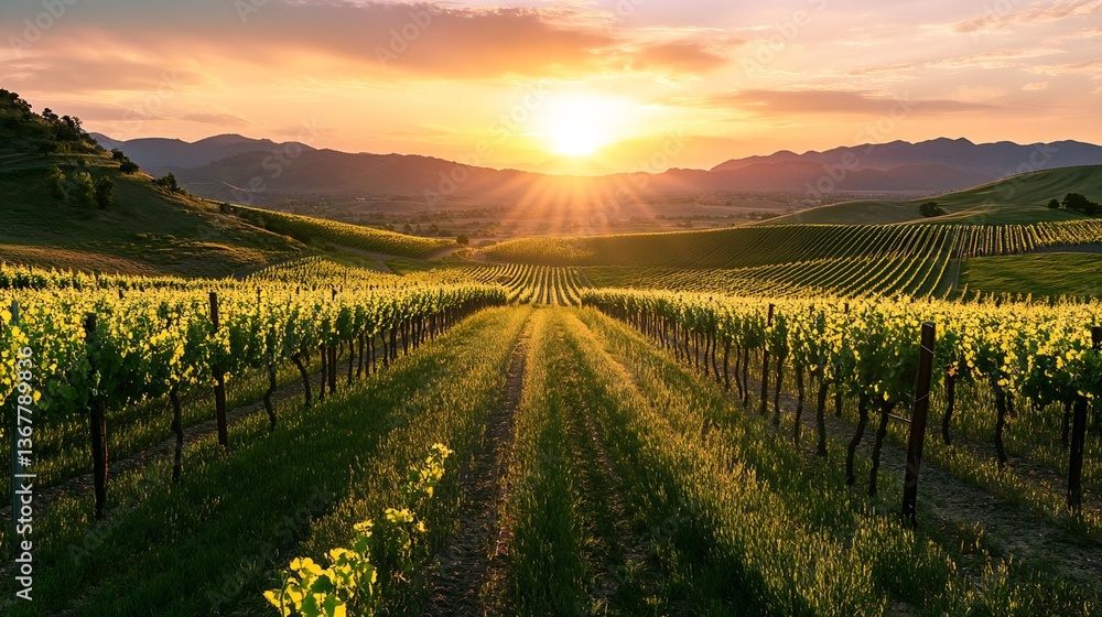 Fototapeta premium Sunset over Vineyard Rows in Hilly Terrain