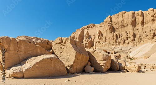 砂漠の彫刻群、輝く太陽光が照らす古代遺跡