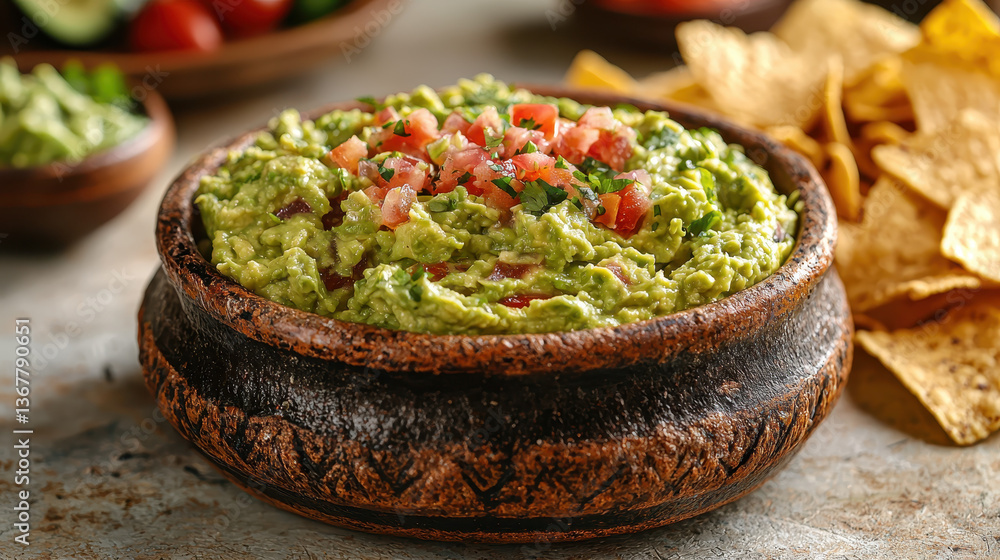 Freshly made guacamole served with crispy tortilla chips on a clean white background showcasing vibrant colors and textures Freshly made guacamole served with crispy tortilla chips on a clean white background showcasing vibrant colors and textures