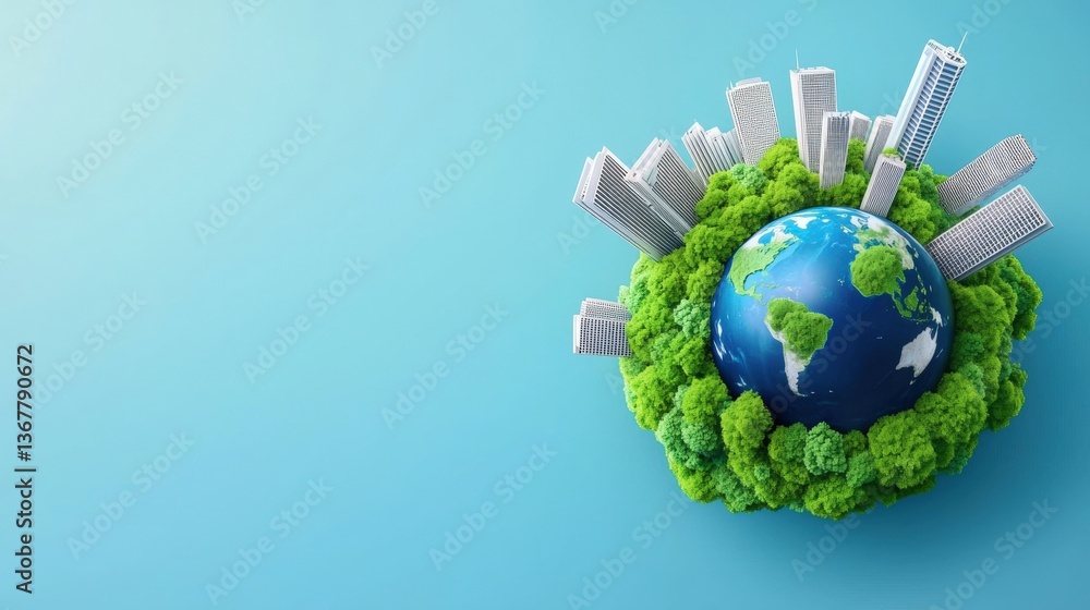 Naklejka premium A vibrant illustration of Earth surrounded by lush greenery and modern skyscrapers, symbolizing the balance between nature and urban development, Green Technology.