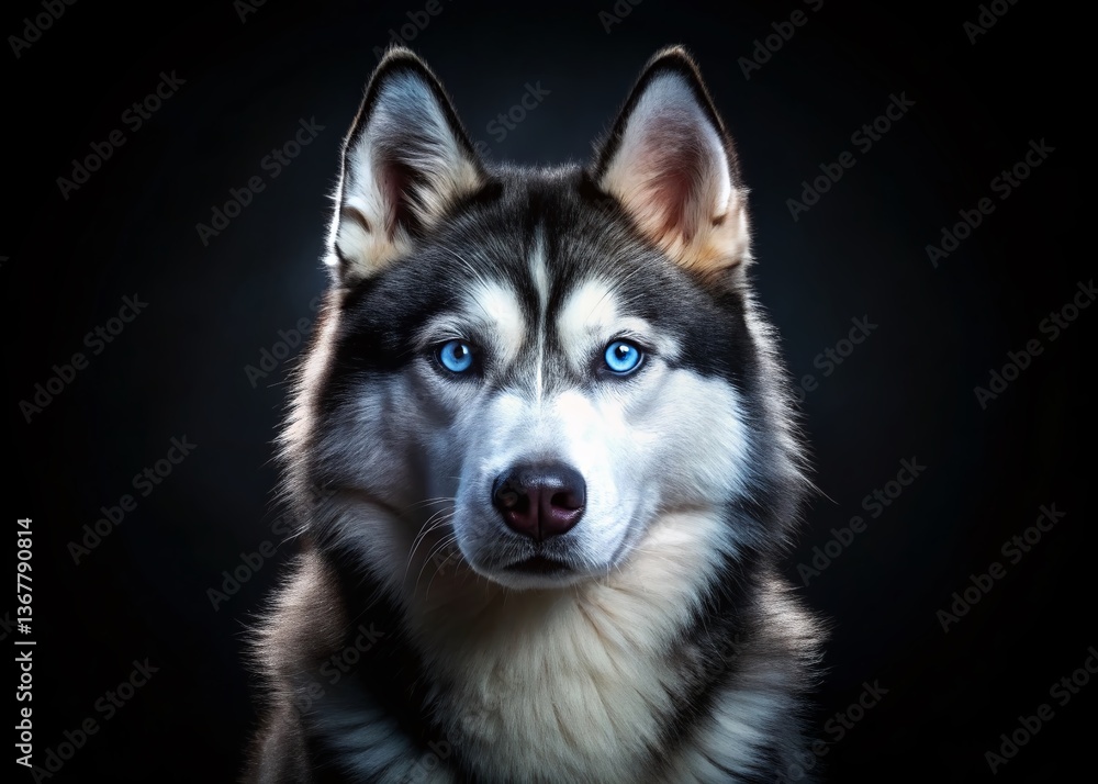 Majestic Siberian Husky with Striking Blue Eyes on Black Background - Stock Photo Majestic Siberian Husky with Striking Blue Eyes on Black Background - Stock Photo
