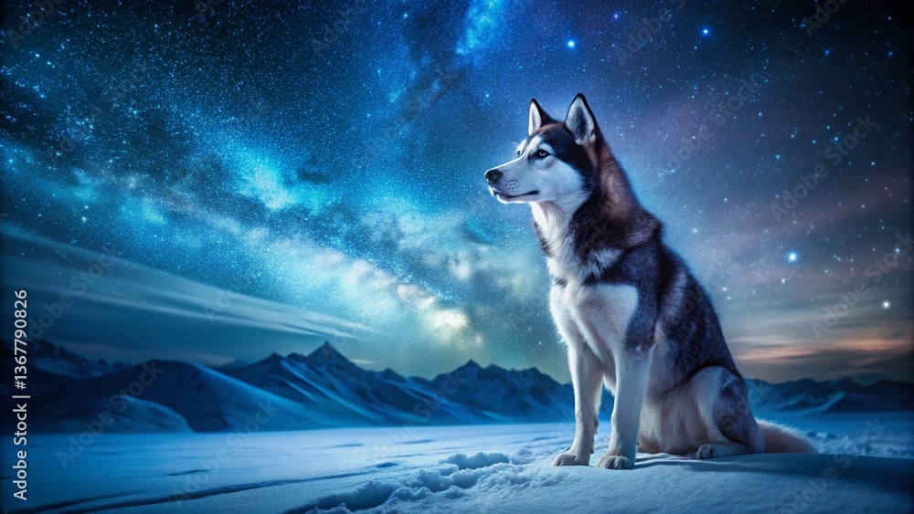 Naklejka premium Majestic Siberian Husky Silhouetted Against Night Sky, Starry Night, Winter Landscape