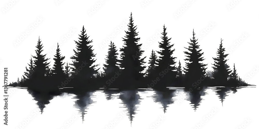 Obraz premium Silhouette of Majestic Pine Trees Reflected in a Serene Lake