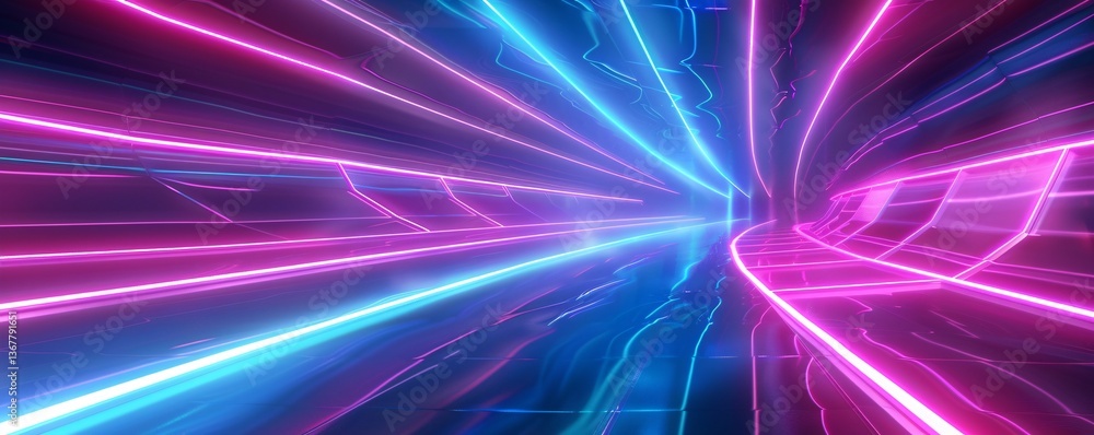 Futuristic tunnel with a glossy floor lit up by blue and purple neon lights