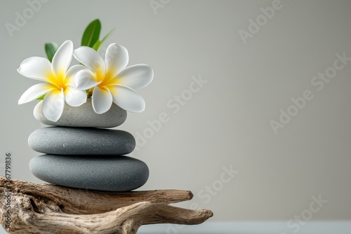 Stacked stones and flowers are artfully arranged on a piece of driftwood to create a calming scene