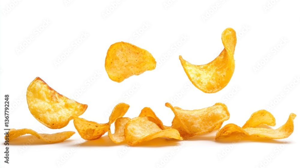 Crispy Potato Chips Flying on White Background Showcasing Snack Food Crispy Potato Chips Flying on White Background Showcasing Snack Food
