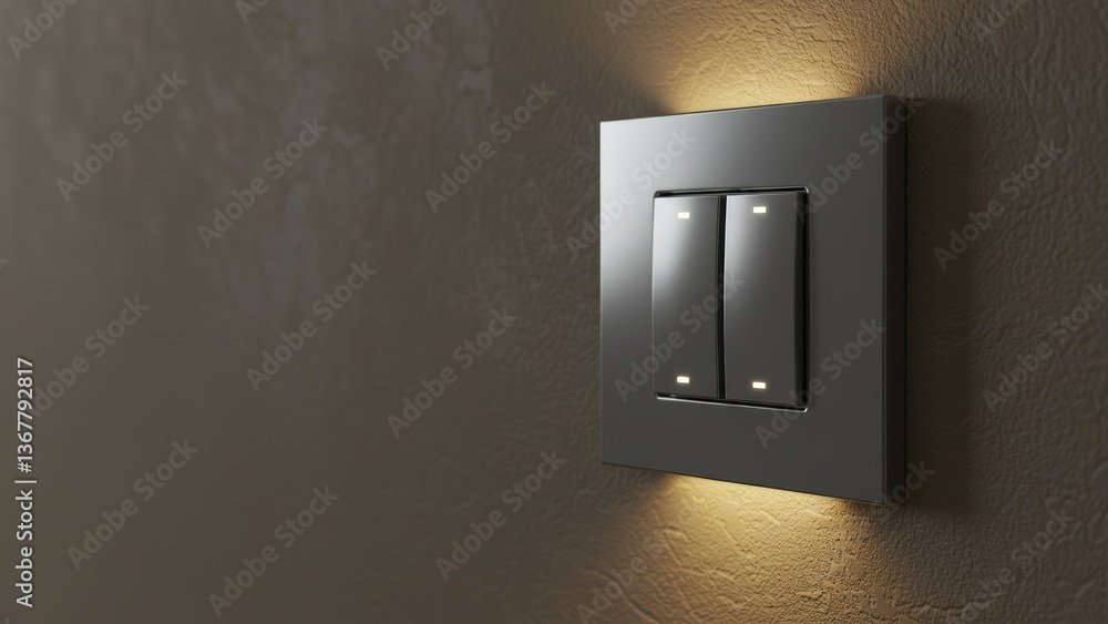 Close-up of a metal light switch on a textured wall. Modern design. Close-up of a metal light switch on a textured wall. Modern design.