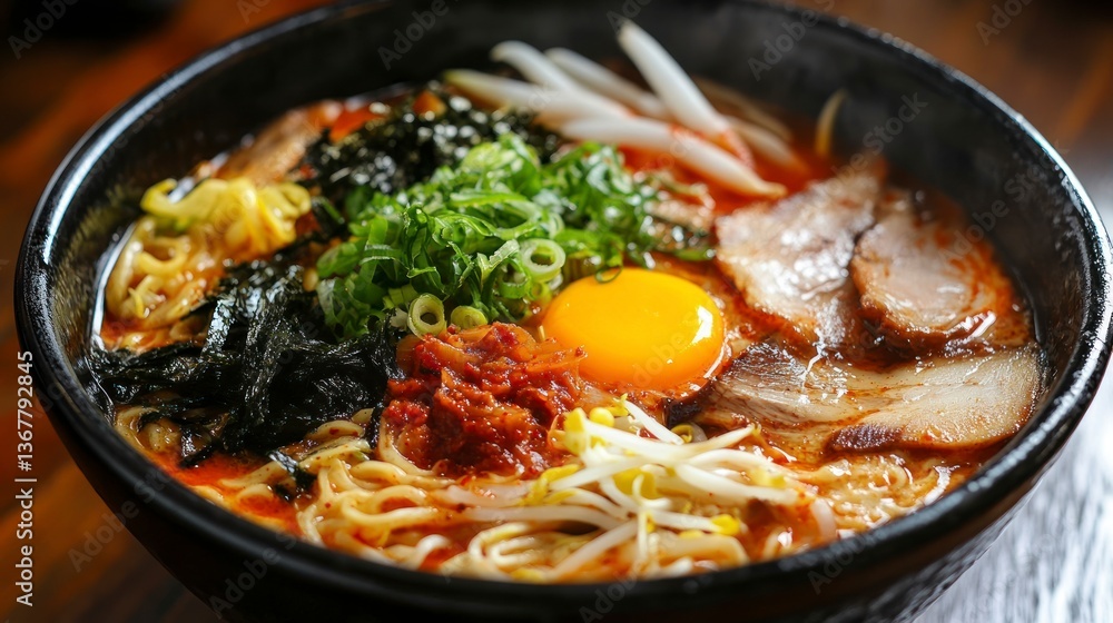 Delicious Ramen Bowl with Egg, Pork, and Seaweed Noodles Close-up Delicious Ramen Bowl with Egg, Pork, and Seaweed Noodles Close-up