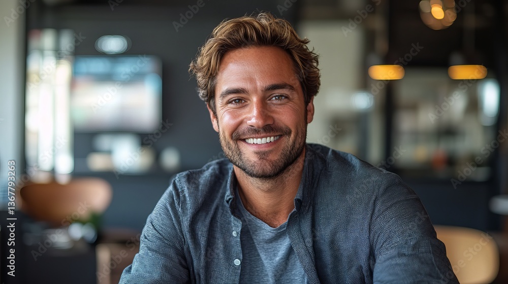 Portrait of handsome smiling man with beard and curly hair looking at camera in casual shirt indoors happy Portrait of handsome smiling man with beard and curly hair looking at camera in casual shirt indoors happy
