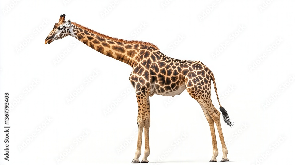 Naklejka premium Graceful giraffe standing against a white background.