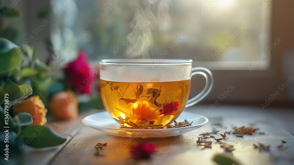 Steaming teacup with glowing herbal infusion, symbolizing natural health and wellness. Steaming teacup with glowing herbal infusion, symbolizing natural health and wellness.
