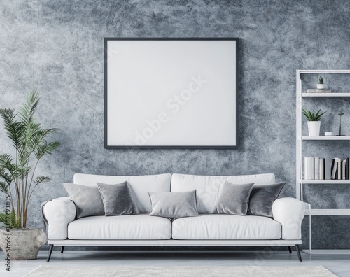 Stylish Living Room with White Sofa Plant and Blank Frame Mockup