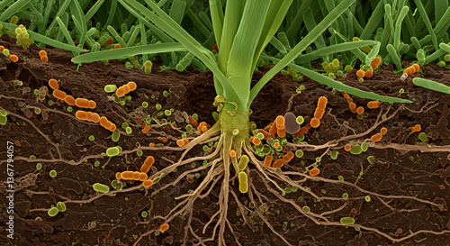 Intricate microscopic world revealing symbiosis between plant roots and microbes in soil