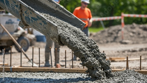 Pouring wet concrete from a truck chute into a foundation form.