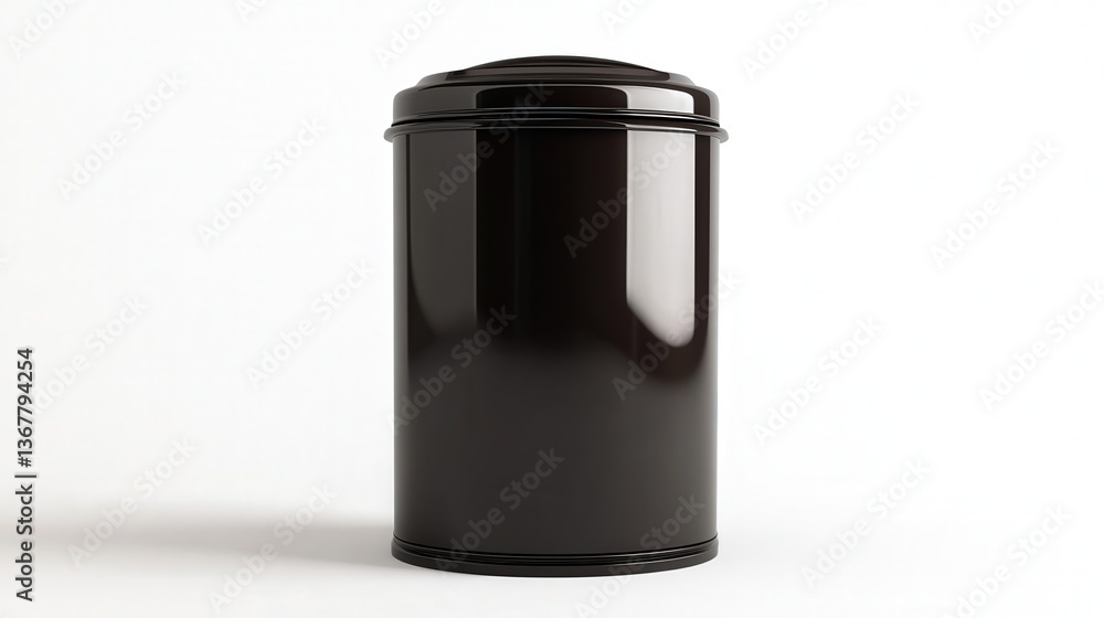 Sleek black cylindrical metal container with a glossy finish against a white background. Sleek black cylindrical metal container with a glossy finish against a white background.