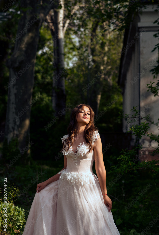 Stunning bride gracefully poses in a spring park, among blossoming trees. exuding elegance, Stunning bride gracefully poses in a spring park, among blossoming trees. exuding elegance,