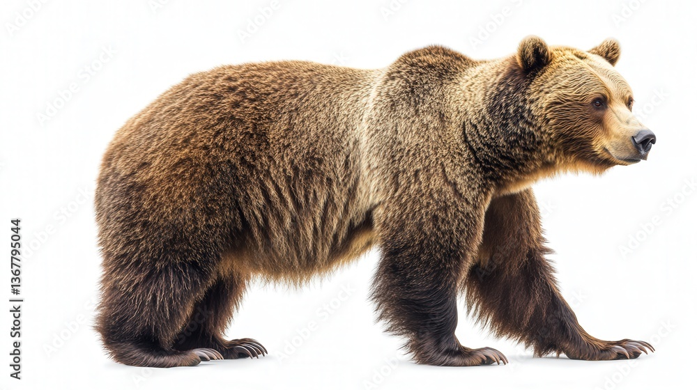 Fototapeta premium Profile of a majestic brown bear standing with thick fur on a white background.