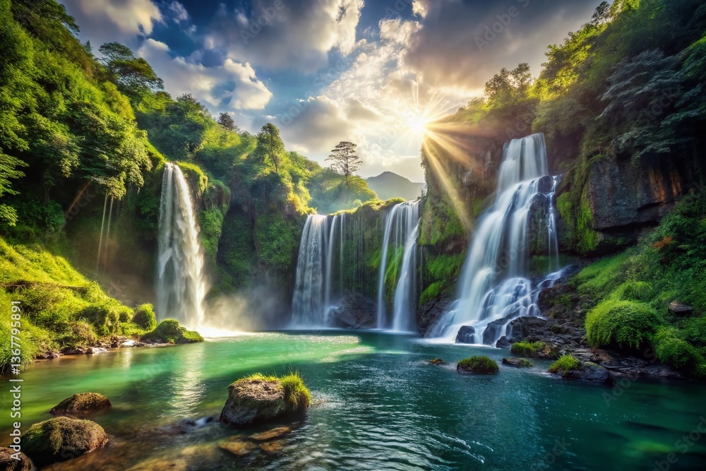 Fototapeta premium Majestic Waterfall Cascading Down Rocky Cliffs, Lush Green Landscape