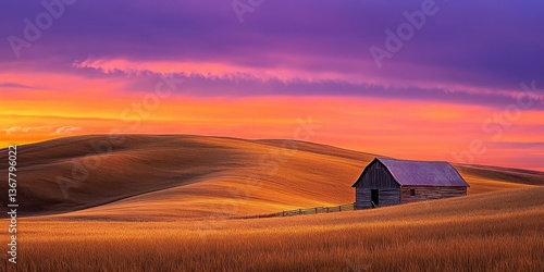 A serene landscape featuring a rustic barn against a vibrant sunset over rolling hills.