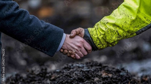 Handshake between two individuals at a construction site during daylight, symbolizing agreement and collaboration
