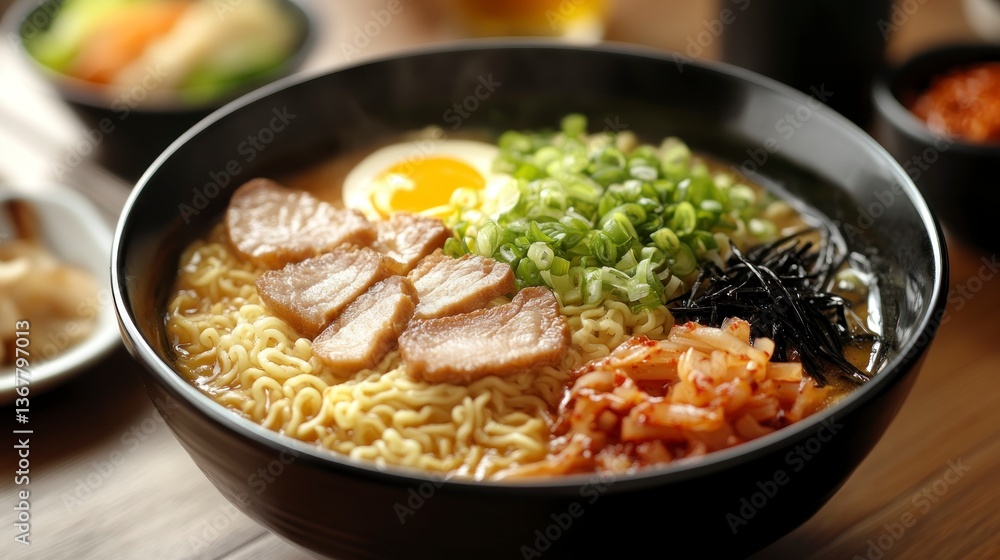 Bowl of Delicious Ramen Noodle Soup with Pork and Egg Bowl of Delicious Ramen Noodle Soup with Pork and Egg