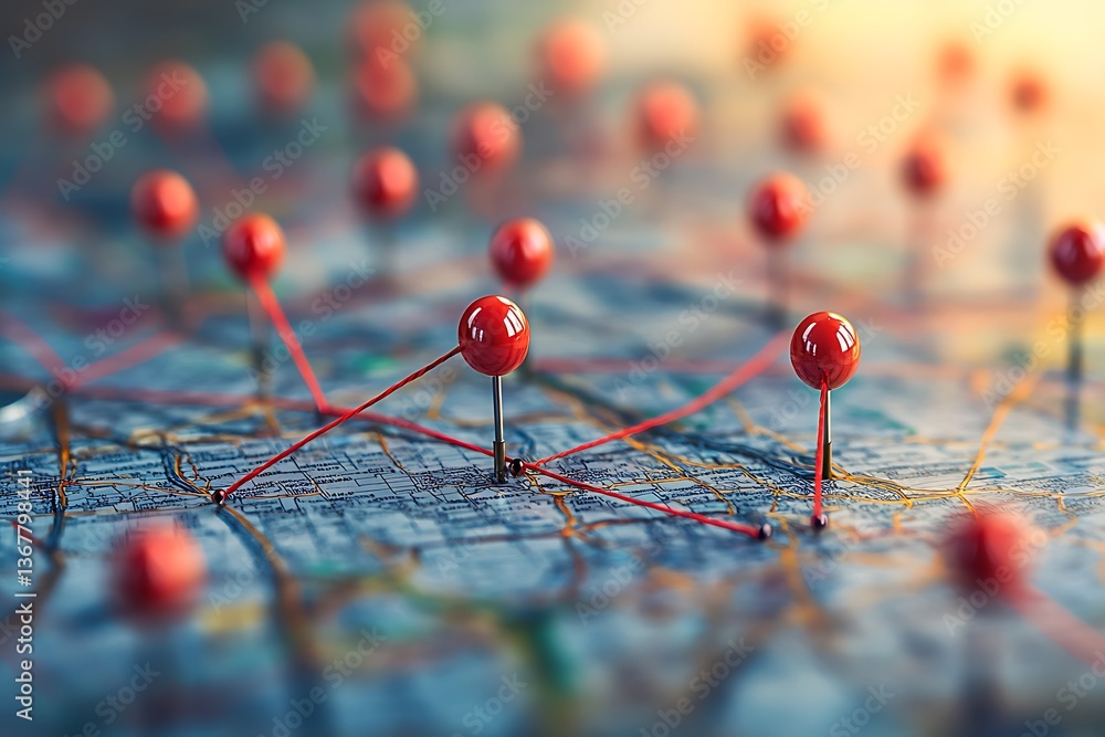 A map with pins marking significant locations, connected by red string, symbolizing interconnected plans and strategies A map with pins marking significant locations, connected by red string, symbolizing interconnected plans and strategies