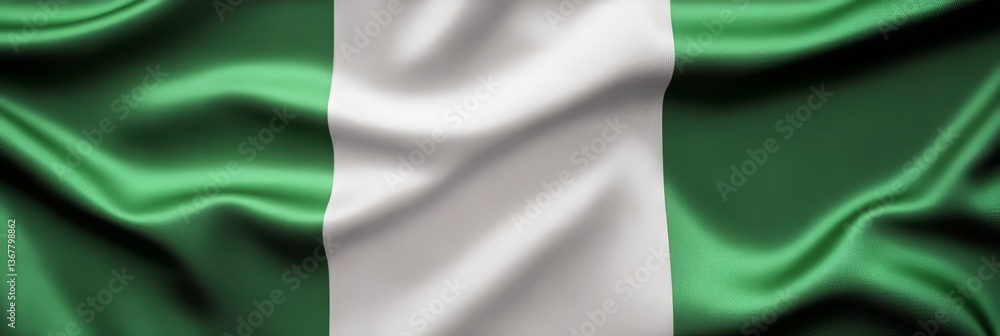 Fototapeta premium Flowing Fabric Flag of Nigeria Waving In The Wind Three Vertical Green, White, And Green Stripes