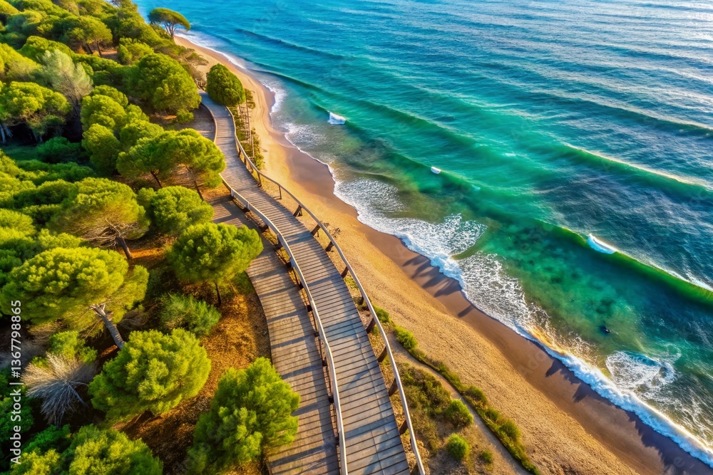 Marbella Coastal Wooden Walkway: Aerial View of Scenic Path