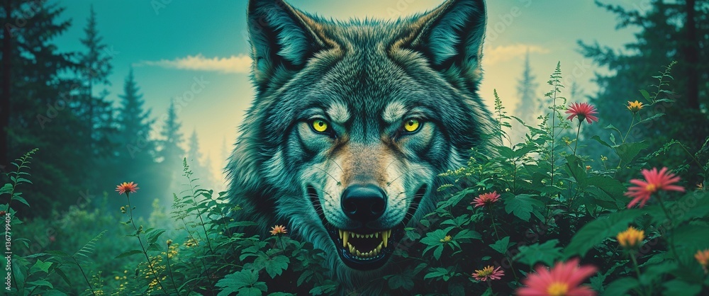 A majestic wolf emerges from dense greenery, showcasing sharp features and glowing eyes, surrounded by colorful flowers in a serene forest during sunset A majestic wolf emerges from dense greenery, showcasing sharp features and glowing eyes, surrounded by colorful flowers in a serene forest during sunset