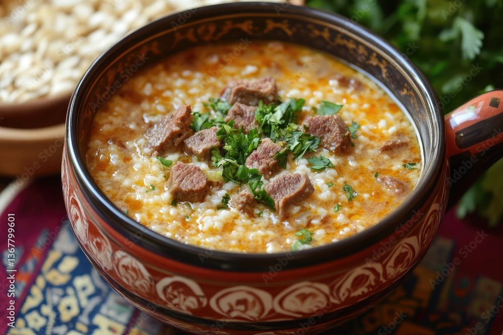 A creamy bowl of shorbat al shofan with oat and meat soup A creamy bowl of shorbat al shofan with oat and meat soup