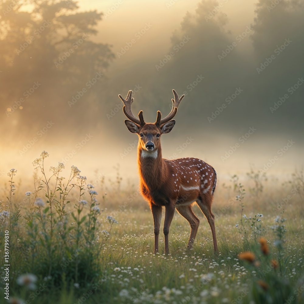Obraz premium A majestic deer with antlers stands gracefully in a fog-covered meadow at dusk. Sunlight filters through trees, illuminating wildflowers. This serene moment captures nature's beauty
