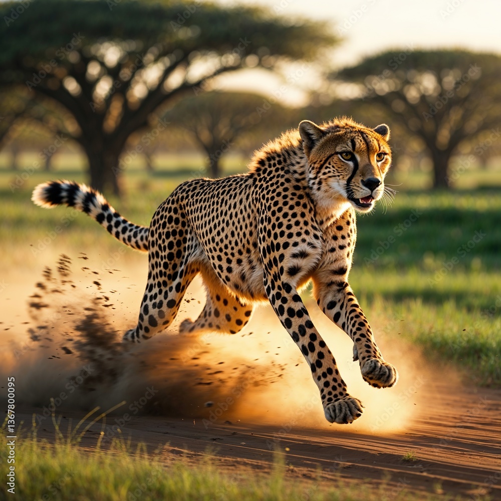 Obraz premium A swift cheetah races across the dusty trail in the savanna, surrounded by acacia trees and tall grass during a stunning golden hour of late afternoon