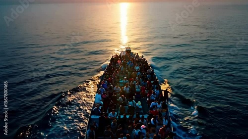 A large number of refugees on a boat trying to flee to a country across the river. Light moonlight reflects on the sea. 