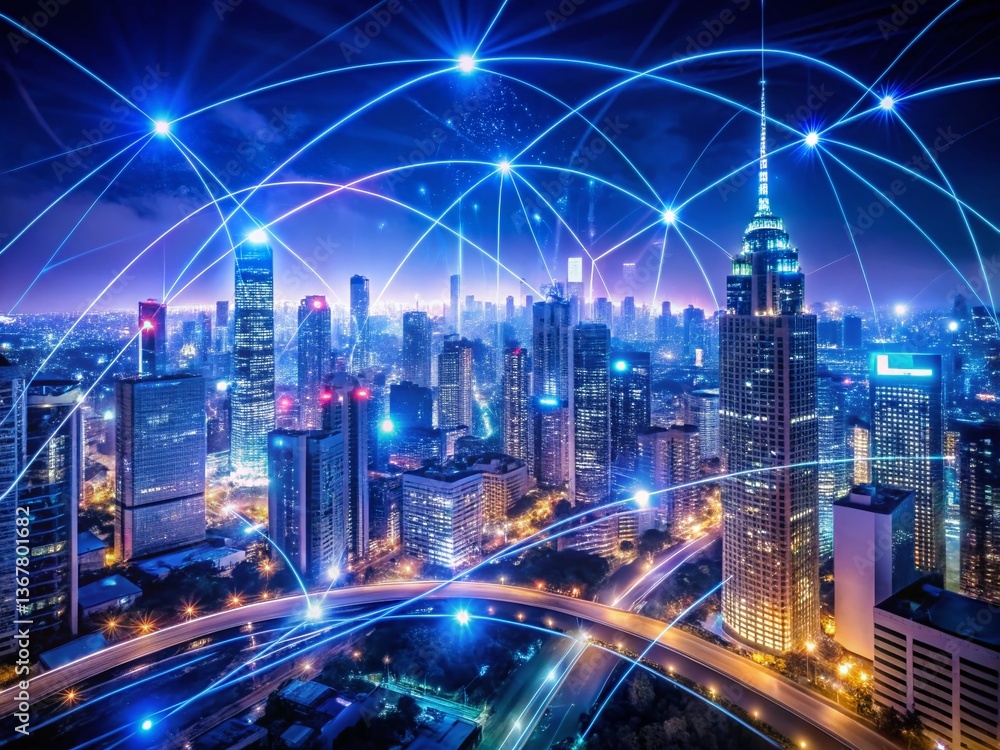Mesmerizing Nightscape: City Skyline Illuminated by Glowing Network of Connections Mesmerizing Nightscape: City Skyline Illuminated by Glowing Network of Connections