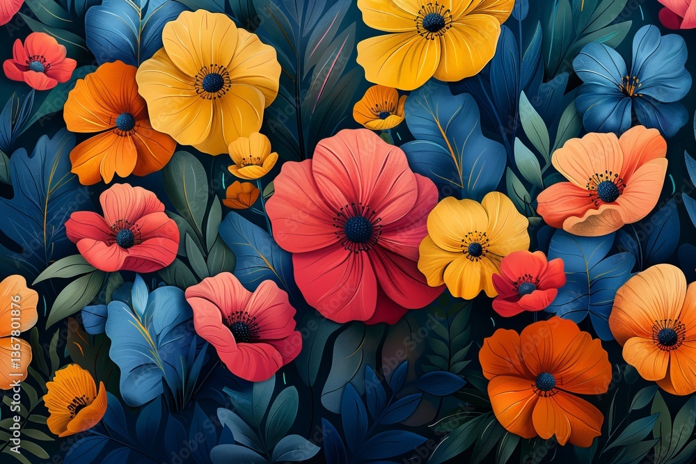 Obraz premium Wavy Floral Elegance – Seamless Vector Pattern with Tropical Vibes