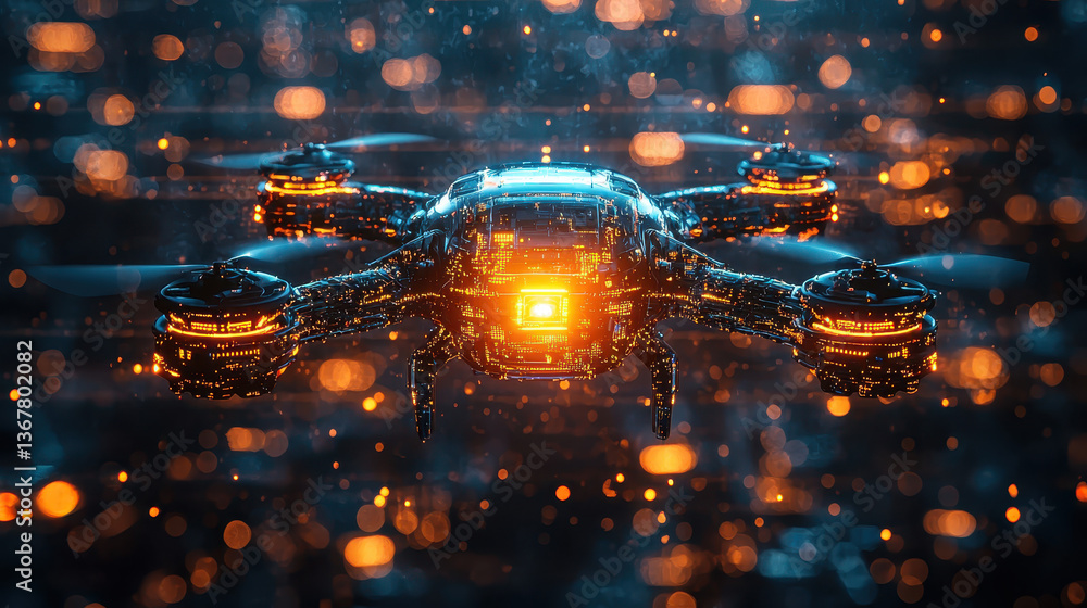 Fototapeta premium High-tech digital drone equipped with cyber weaponry and protective shields in a futuristic setting