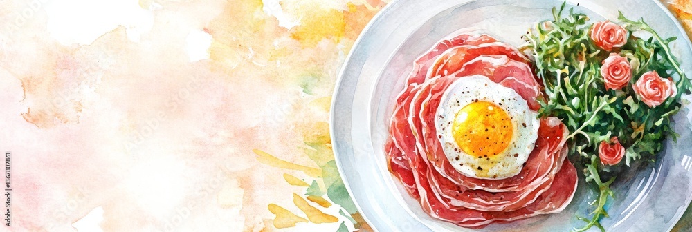 Watercolor Spiral Ham with Fried Egg and Greens - Artistic watercolor painting of a spiral-sliced ham dish topped with a fried egg Watercolor Spiral Ham with Fried Egg and Greens - Artistic watercolor painting of a spiral-sliced ham dish topped with a fried egg