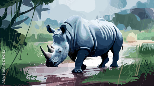 A beautifully illustrated rhinoceros wandering through a lush, rain-soaked environment. Perfect for wildlife and nature-themed projects.