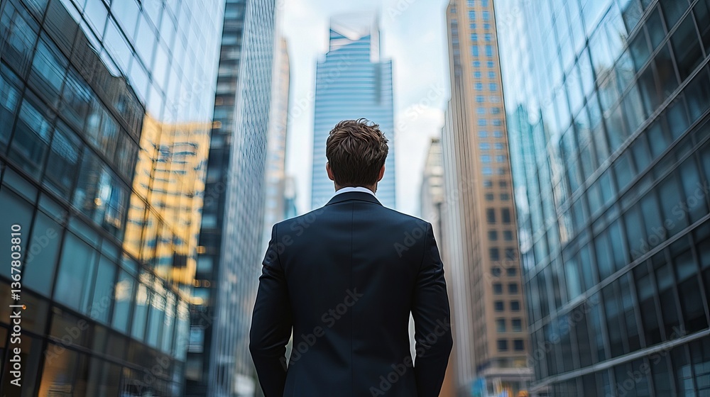 Businessman looking up at city buildings business vision career success corporate leadership future goals new york Businessman looking up at city buildings business vision career success corporate leadership future goals new york