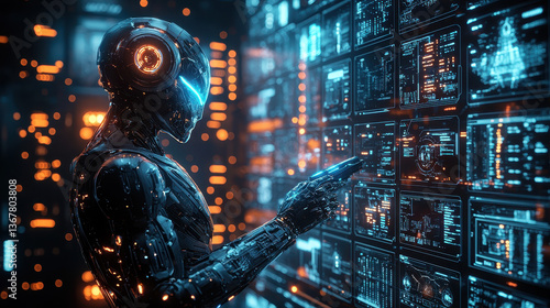 Humanoid robot with neon lights wielding a cyber weapon in a futuristic digital control center