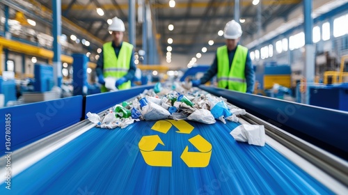 Wallpaper Mural Recycling facility with workers sorting materials on a conveyor belt, emphasizing sustainable practices and waste management, Green Technology. Torontodigital.ca