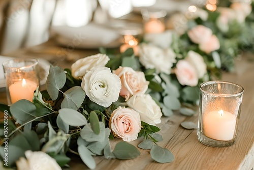 Elegant Wedding Table Decor Roses, Eucalyptus, and Candlelight.