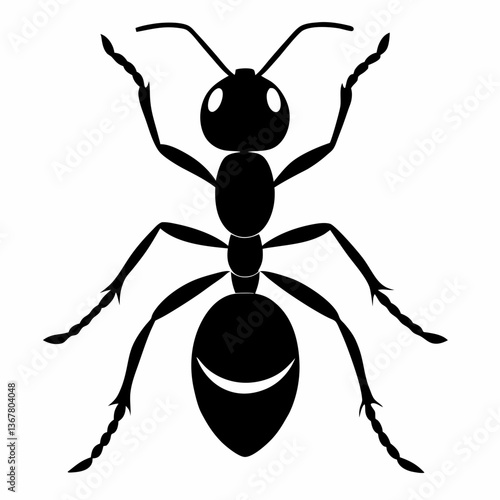 Black ant silhouette displays distinct body segments. Minimalist graphic shows splayed legs and extended antennae against white background. Concept: pest control, graphic design, science illustration.