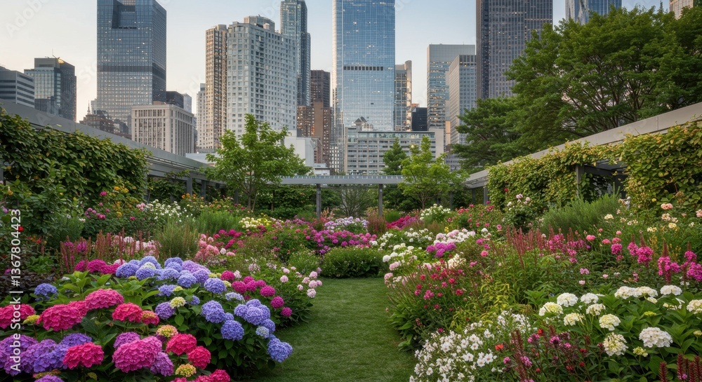 Fototapeta premium A picturesque botanical garden blooms vibrantly amidst a sleek city skyline, showcasing colorful flowers and lush greenery in an urban oasis