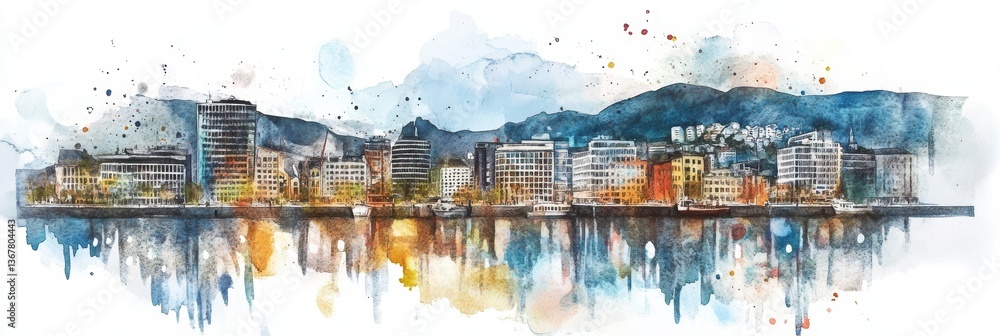 Fototapeta premium Oslo Waterfront Watercolor Panorama - Serene Oslo cityscape, watercolor , reflecting city buildings, tranquil water, majestic mountains. Symbolizes urban beauty, tranquility, reflection